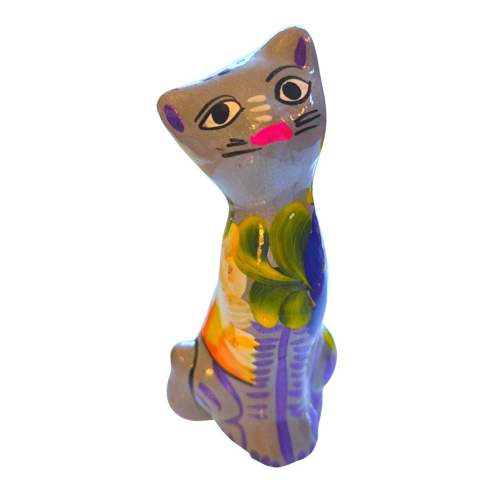 Hand Painted Ceramic Cat Figurine Cozumel Mexico Folk Art Floral Grey 6 inch‎